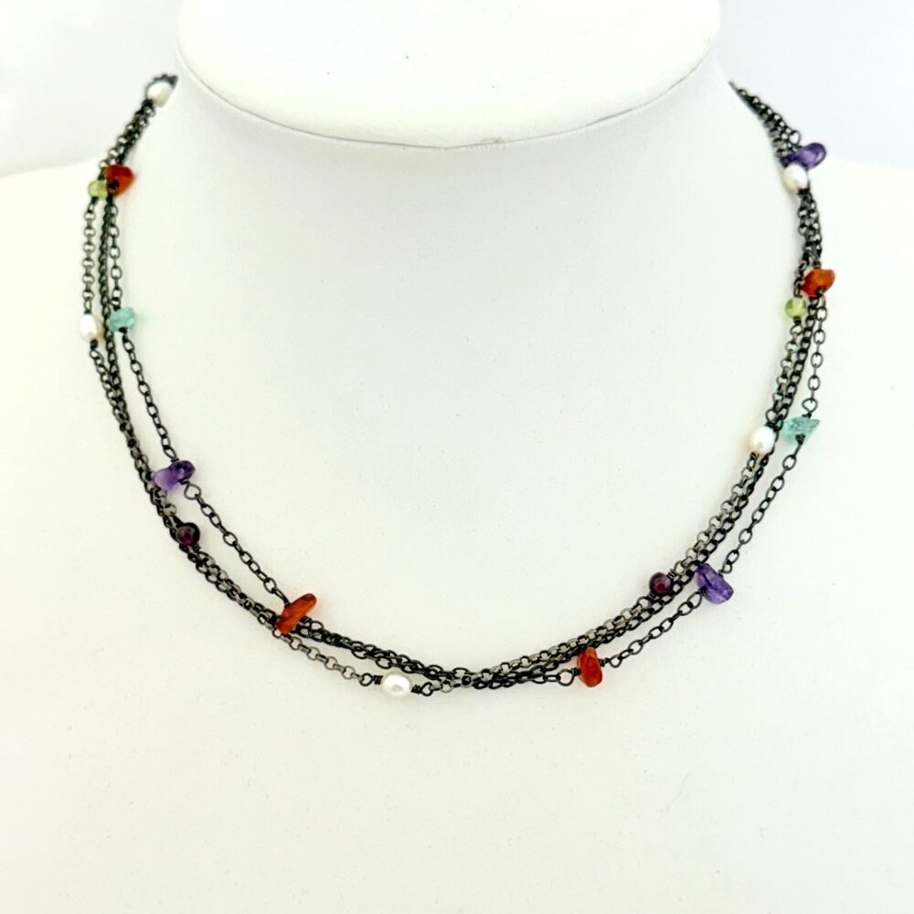 Vintage Silpada Three Strand Oxidized Sterling Necklace w/Pearls and Gemstones